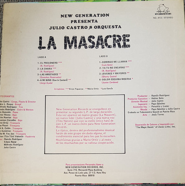 Julio Castro &  Orquesta La Masacre : New Generation Presenta Julio Castro & Orquesta La Masacre (LP, Album, Min)
