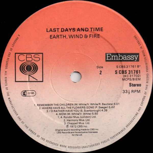 Earth, Wind & Fire : Last Days And Time (LP, Album, RE)