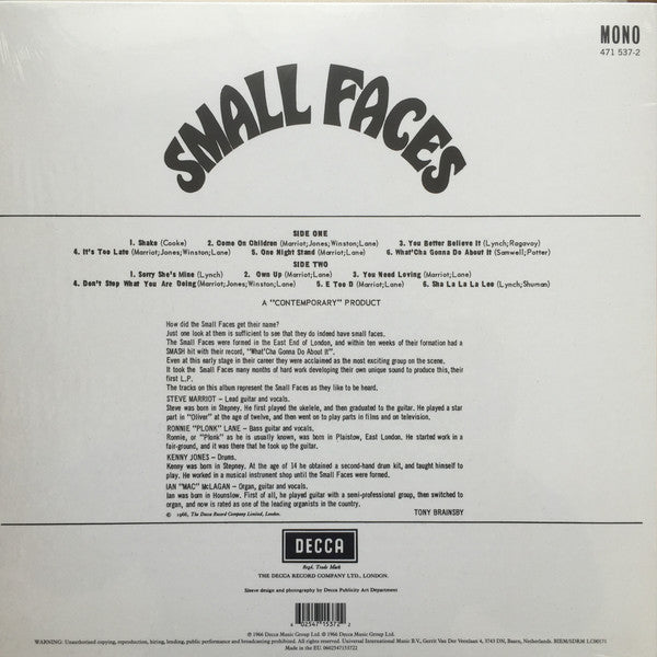 Small Faces - Small Faces (LP, Album, Mono, RE, 180) - De Platen Aap – Vinylwinkel in Brielle & online webshop voor muziekliefhebbers
