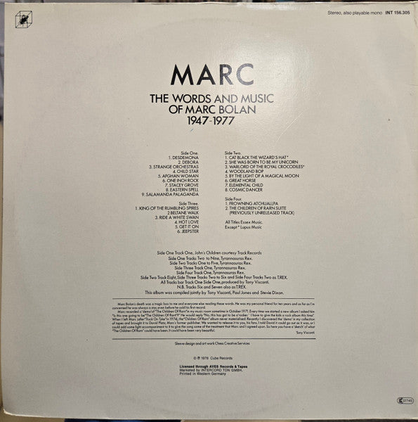 Marc Bolan : The Words And Music Of Marc Bolan 1947 - 1977 (2xLP, Comp)