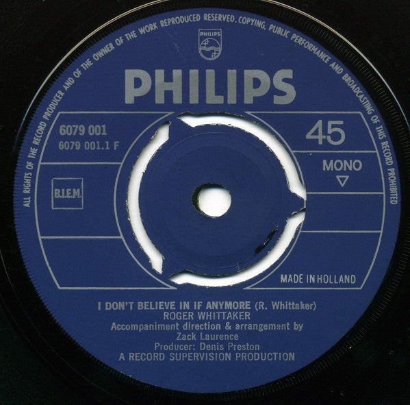 Roger Whittaker : I Don't Believe In If Anymore / Lullaby For My Love (7", Single, Mono, 3-P)