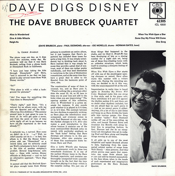 The Dave Brubeck Quartet : Dave Digs Disney (LP, Album, Mono)