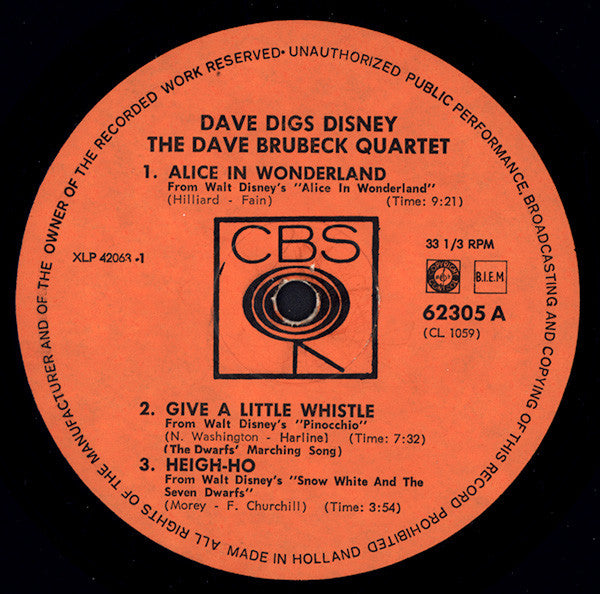 The Dave Brubeck Quartet : Dave Digs Disney (LP, Album, Mono)