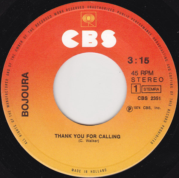 Bojoura : Thank You For Calling (7", Single)