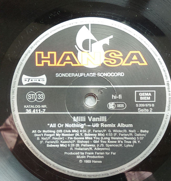 Milli Vanilli : All Or Nothing - The U.S. Remix Album (LP, Album, Club, Gat)