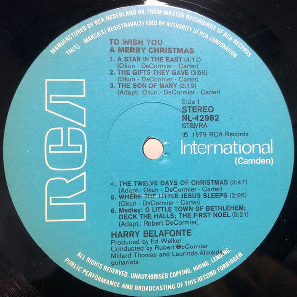 Harry Belafonte : To Wish You A Merry Christmas (LP, Album, RE)