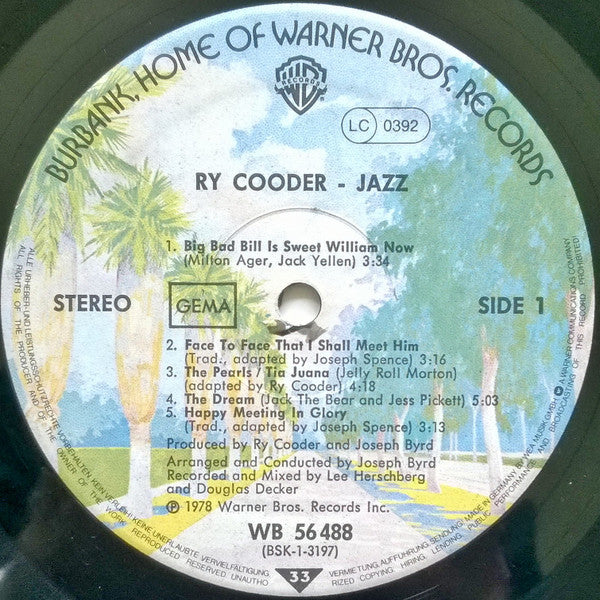 Ry Cooder : Jazz (LP, Album, Pal)