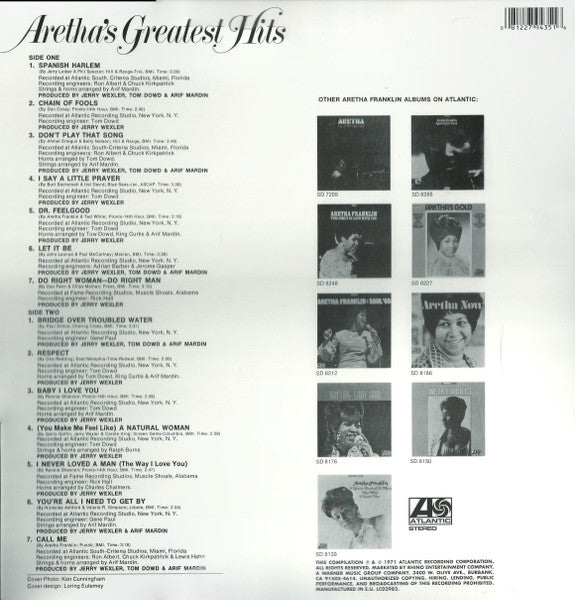 Aretha Franklin : Aretha's Greatest Hits (LP,Compilation,Reissue)