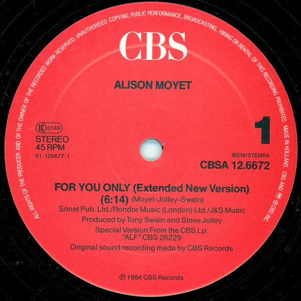 Alison Moyet : For You Only (Extended New Version) (12",45 RPM,Maxi-Single,Stereo)