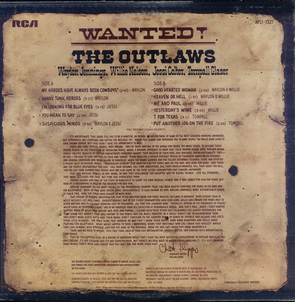 Waylon Jennings, Willie Nelson, Jessi Colter, Tompall Glaser : Wanted! The Outlaws (LP, Album, Tan)