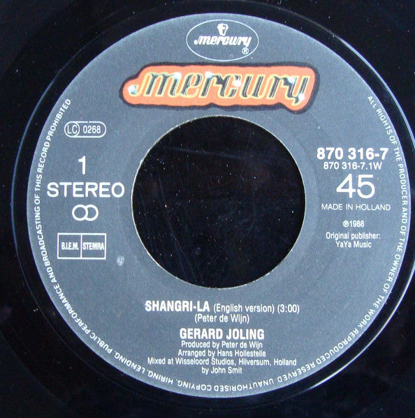 Gerard Joling : Shangri~La (Dutch Eurovision Song Contest 1988) (7", Single)